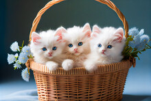 Fluffy White Kittens Sitting In A  Wicker Basket.  Generative AI.