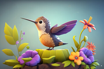 Wall Mural - Cute Cartoon Hummingbird with Flowers (Created with Generative AI)