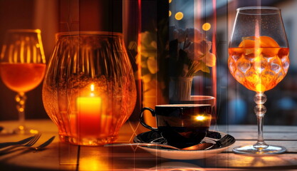  night city ,evening street cafe glass of orange wine , cup of coffee,and candles on wooden table view from window generated ai