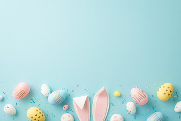 Wall Mural - Easter concept. Top view photo of easter bunny ears colorful eggs and sprinkles on isolated light blue background with copyspace