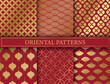 © Rudzhan - Oriental style patterns set. Collection of repeating design elements for printing on wrapping paper. Golden Asian patterns on red background. Luxury and wealth. Cartoon flat vector illustration