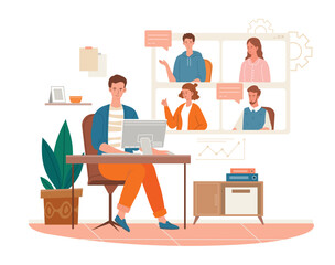 Poster - online meeting concept. video call or conference, remote employees or freelancers, coworking. distan