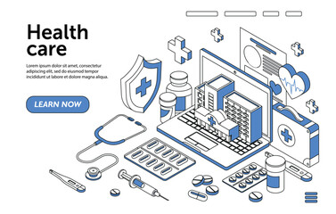 health care linear isometry. diagnosis and treatment, shield with cross and medicines, online consul
