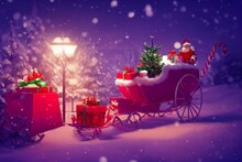 Cartoon Art Of Xmas Carriage Of Santa Stuffed With Gifts And Red Bag At Night With Snowfall. Generative AI
