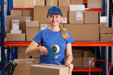 Poster - Post office worker packing parcel near rack indoors