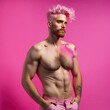 Attractive man with pink hair over pink background, Generative Ai