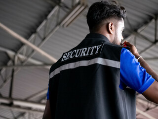 man backside person wear shirt security talk speak communication discussion talkie walkie radio bodyguard safety protection male uniform surveillance police control danger occupation work safeguard 