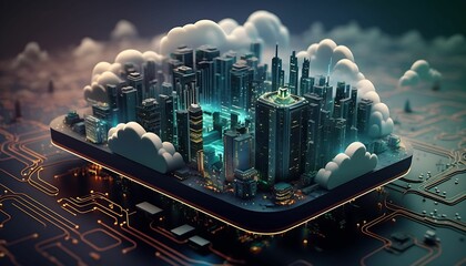 Smart city on circuit board background with Cloud computing. Modern hi-tech, science, futuristic technology concept. with Generative AI Technology.