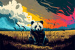 Panda sitzt auf dem Boden in bunter abstrakter Landschaft / Hintergrund