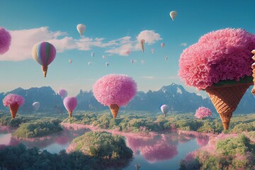 creative ai generated 3d rendering of dreamy landscape with ice cream shaped mountains and air ballo