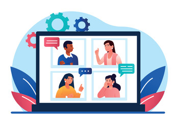Poster - online meeting concept. video call or conference. men and women communicate on screen of smartphone.