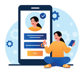 Poster - Online registration concept. Woman creates account or profile on website, comes up with username and password. New user of site or social network. Protection of data. Cartoon flat vector illustration