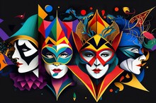 Venice Carnival Concept Illustration Of A Young Woman Wearing A Colorful Carnival Mask With Feathers. AI-generated Images