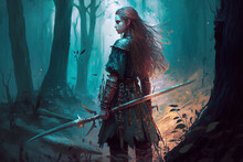 A Girl With A Sword Is Standing In The Forest Digital Art Style Illustration Painting Fantasy Illustration, Generative AI	