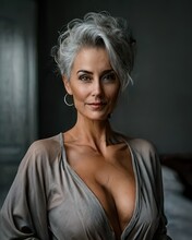 Very Sexy Mature Woman In Lingerie Robe Looking At The Camera. Generative AI