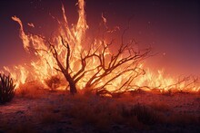 Burning Thornbush In The Desert. Generative AI
