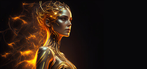 Poster - A humanoid cyber girl on black background with a neural network thinks. Gold humanoid cyber girl. Artificial intelligence with a digital brain is learning to process big data. Generative Ai.