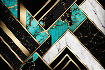 Wall Mural - Modern abstract marbled background, marble mosaic, turquoise, agate stone texture, granite, jasper. Ornamental black white gold marble tiles. Art deco wallpaper. Geometric fashion marble illustration