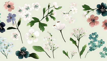 Floral Patterns on Light Background, Green Leaves and Foliage with Many Colors, Pressed Flowers - Generative AI