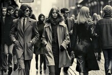 Vintage Picture Of A Young Stylish Couple Walking In A City Street In 1970. Generative AI