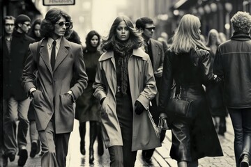 vintage picture of a young stylish couple walking in a city street in 1970. generative ai