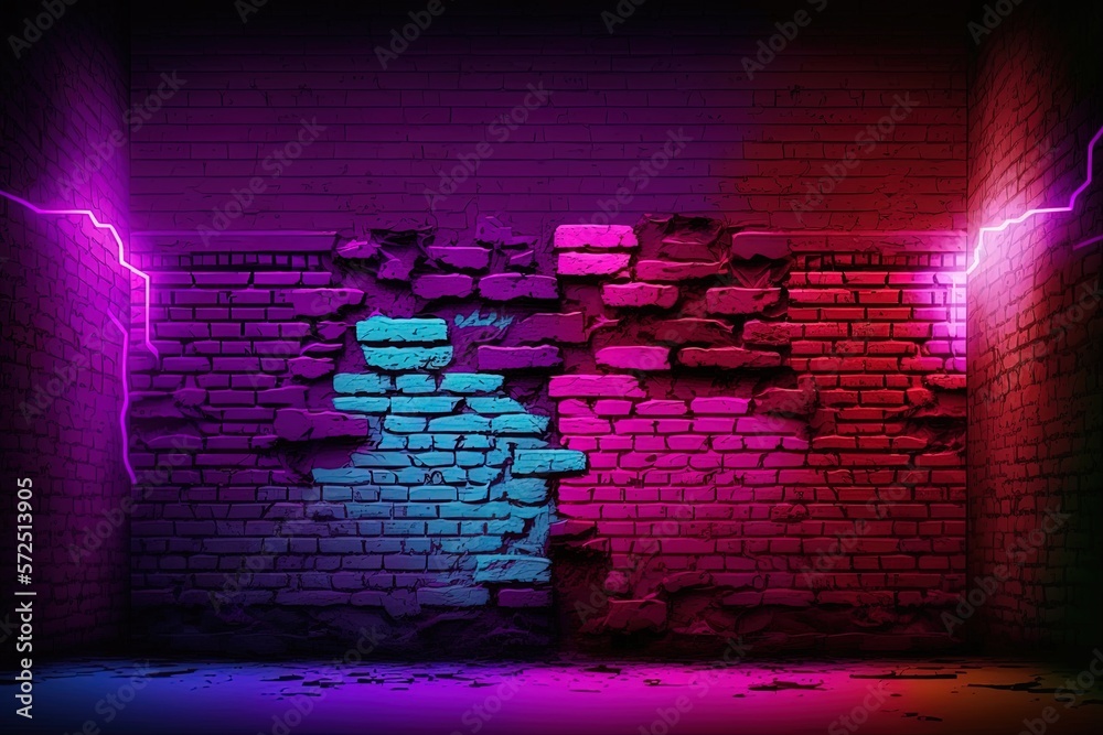 Generative AI Modern futuristic blank brick wall background with neon ...