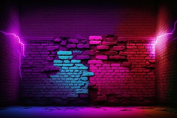 Wall Mural - Generative AI Modern futuristic blank brick wall background with neon lights. old grunge brick wall room background. Colorful copy space concept.