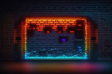 Wall Mural - Generative AI Modern futuristic blank brick wall background with neon lights. old grunge brick wall room background. Colorful copy space concept.