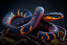 A Stunning Blue Malaysian Coral Snake With Its Distinctive Red And Yellow Bands.
