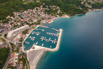 Wall Mural - Aerial view of Herceg Novi coast and marina with yachts and boats, Montenegro