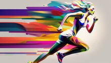 A Colorful Rainbow Drawing Of A Female Runner Showing Joyful Rhythm In Her Movement — Blurred Movement Streaks. Beauty In Motion. Colorful Joy.