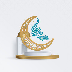 Poster - ramadan kareem arabic calligraphy withrealistic gold podium, and crescent