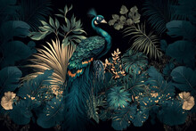 Wallpaper Palm Tropical Forest Vintage Jungle Pattern With Peacock Dark Mood, Generative AI