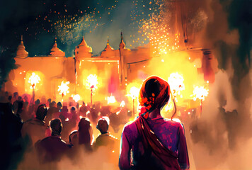 Wall Mural - Indian crowd people in the Diwali the festival of lights in the night with candle lights fireworks and mosque background. Generative AI