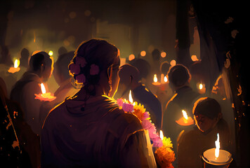 Wall Mural - Indian crowd people in the Diwali the festival of lights in the night with candle lights fireworks and mosque background. Generative AI