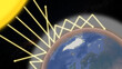 Illustration of the greenhouse effect with the earth and the sun, the background the slightly blurred night sky
