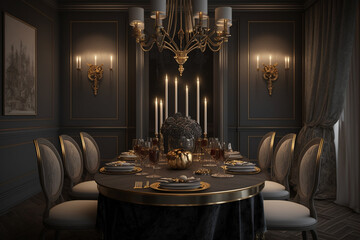 an elegant and luxurious dining room decoration with a night ambiance, using dim lighting and gold and silver accents Generative AI