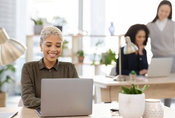 Poster - Laptop, planning and black woman in office startup with company workflow and editing online business proposal. Computer, email management and worker, employees or project manager typing at her desk