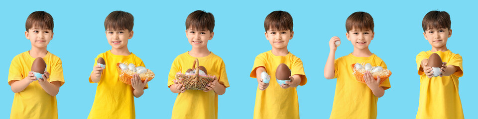 Poster - Set of cute little boy with chocolate Easter eggs on light blue background