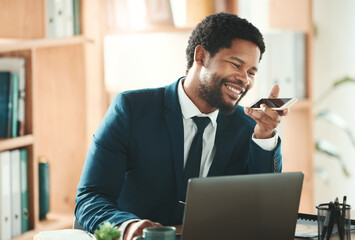 Aufkleber - Office, laptop and black man on phone call at desk with smile, crm and b2b communication at advisory startup. Business manager, conversation and networking, happy businessman speaking with smartphone
