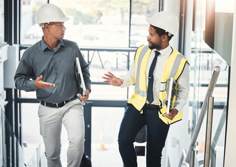 Sticker - Engineer, architect and team talking and planning construction for project management. Diversity men together on office stairs for collaboration strategy on engineering, architecture and vision plan