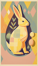 Easter Season Vector Poster Set. Happy Easter Greeting Poster With Colorful Bunny And Retro Pattern For Holiday Seasonal Card Collection Design. Vector Illustration