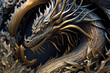 Metal bronze dragon with horns and coiled 3d and a metal texture illustration, ai.
