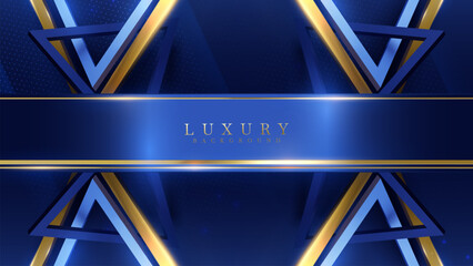Blue luxury background with gold triangle frame decoration and light effect with bokeh elements.
