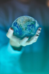Aufkleber - Hands, earth and 3d digital world, cyber planet or augmented reality. Globe, futuristic and business woman with hologram of future sphere for eco friendly, globalization and sustainability in office.