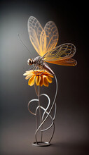 Sculpture Of A Beautiful Dragonfly Made Of Thin Metal Wire. Generative AI