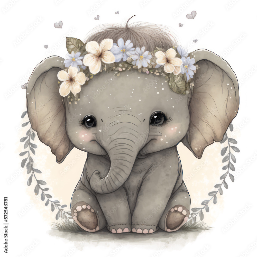 Smiling baby elephant in a floral crown made of spring flowers. Cartoon ...