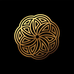 Poster - Abstract Circular Geometric Symbol Design with Modern Style and Shinny Golden Color. Isolated on Black Background.
