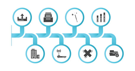 Poster - editable filled icons with infographic template. infographic for user interface concept. included extract button, office material, magic wand button, vertical bar, offices, internet modem, cross,