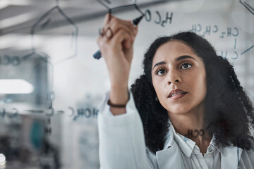 Poster - Writing, science and chemistry with black woman in laboratory for medicine, pharmacy and healthcare. Research, analytics and planning with expert solving on glass board for idea, study and data